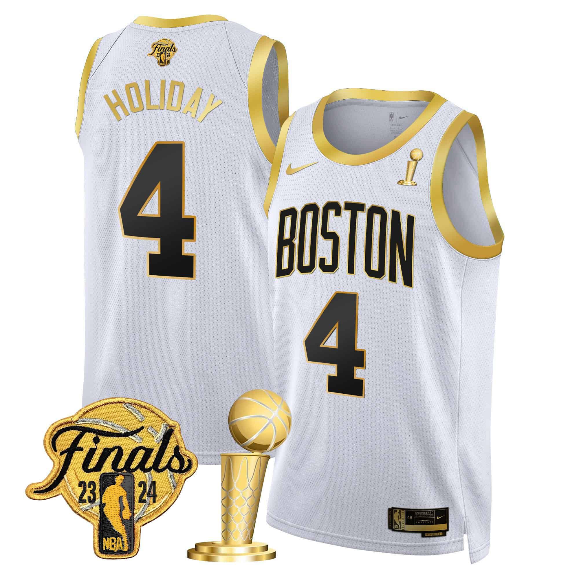 Men Boston Celtics 4 Holiday White 2024 Nike Final & Champions Patch Swingman NBA Jersey